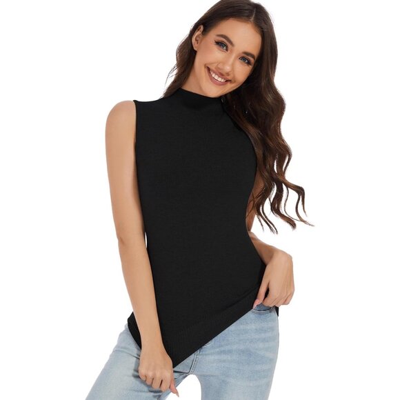 Women Sleeveless Knit Mock Neck Top Medium Black Versatile Style - Picture 6 of 8